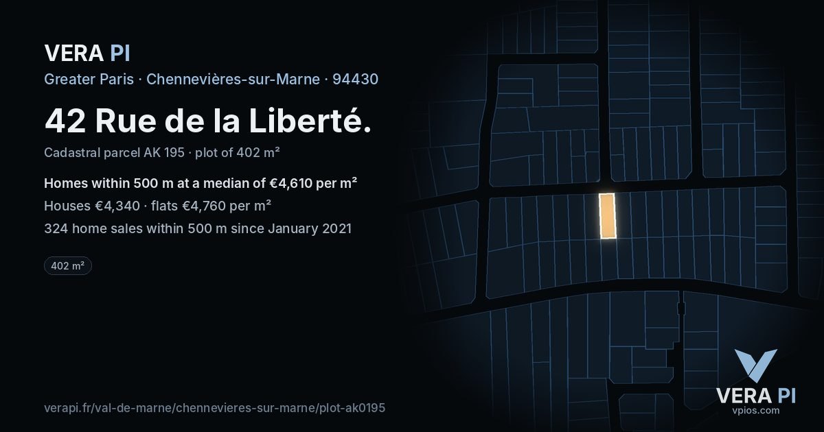 42 Rue de la Liberté, Chennevières-sur-Marne at night – the plot lit, the parcels around coloured by the prices near them