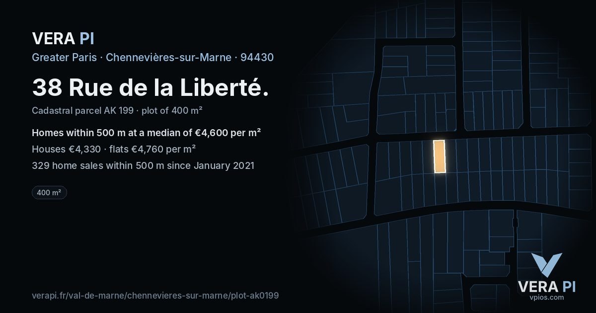 38 Rue de la Liberté, Chennevières-sur-Marne at night – the plot lit, the parcels around coloured by the prices near them