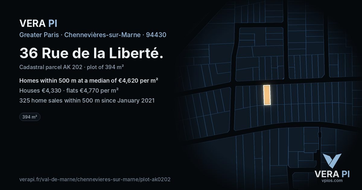 36 Rue de la Liberté, Chennevières-sur-Marne at night – the plot lit, the parcels around coloured by the prices near them
