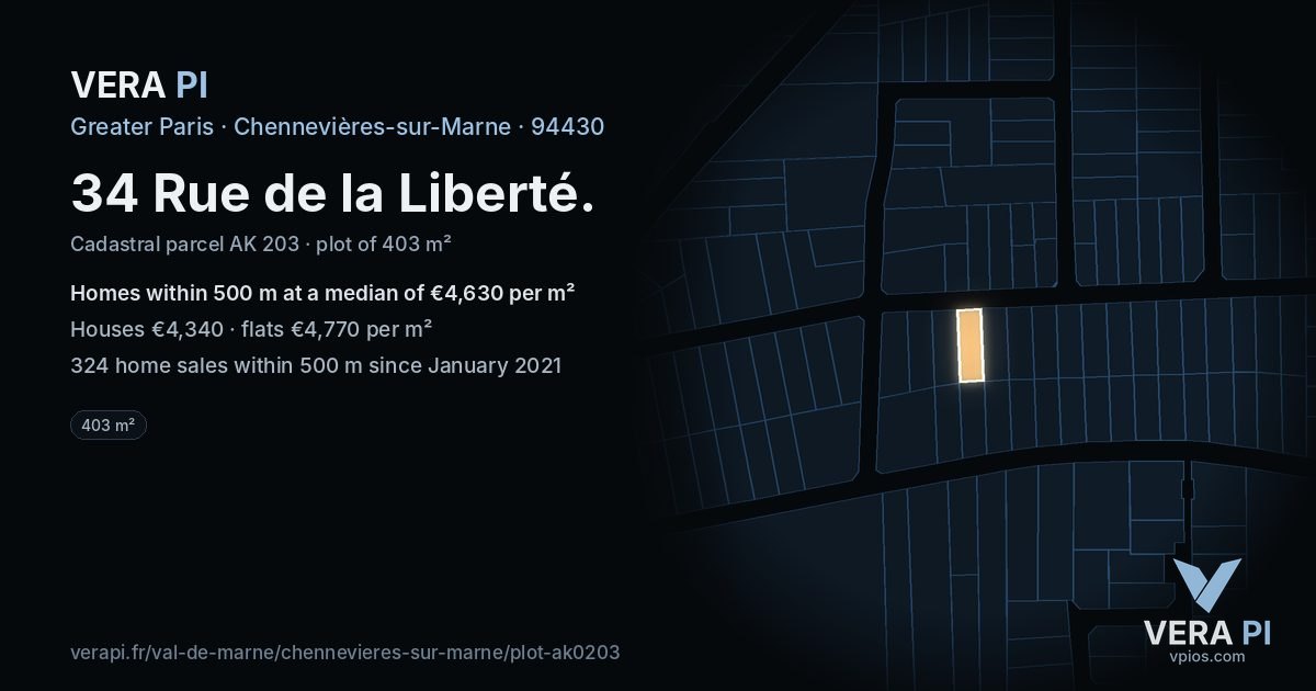 34 Rue de la Liberté, Chennevières-sur-Marne at night – the plot lit, the parcels around coloured by the prices near them