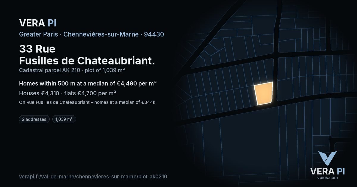 33 Rue Fusilles de Chateaubriant, Chennevières-sur-Marne at night – the plot lit, the parcels around coloured by the prices near them