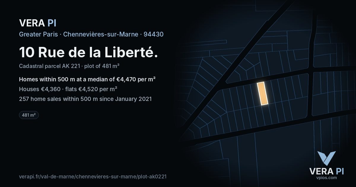 10 Rue de la Liberté, Chennevières-sur-Marne at night – the plot lit, the parcels around coloured by the prices near them