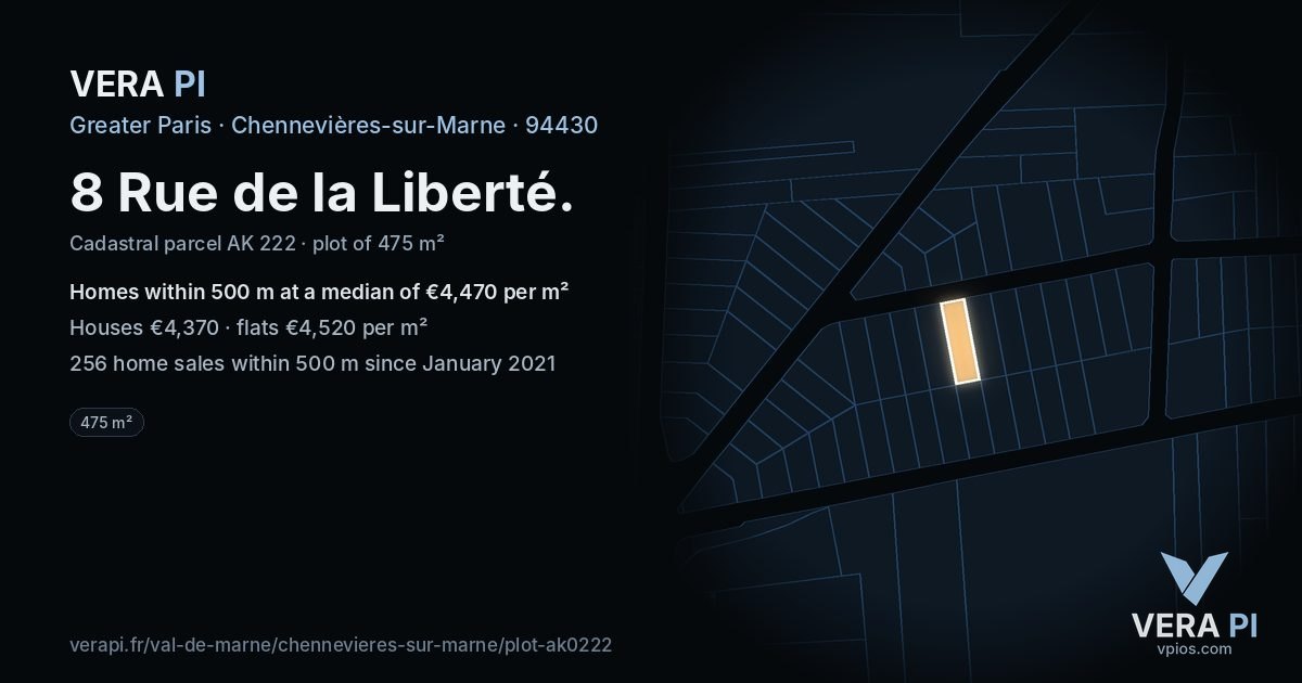 8 Rue de la Liberté, Chennevières-sur-Marne at night – the plot lit, the parcels around coloured by the prices near them