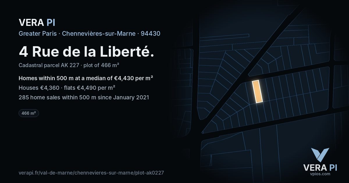 4 Rue de la Liberté, Chennevières-sur-Marne at night – the plot lit, the parcels around coloured by the prices near them