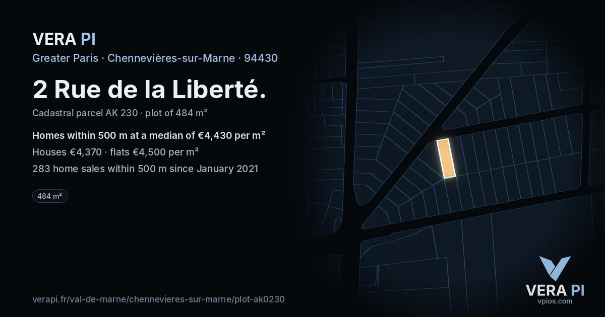 2 Rue de la Liberté, Chennevières-sur-Marne at night – the plot lit, the parcels around coloured by the prices near them