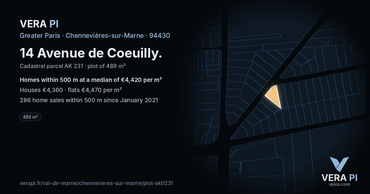14 Avenue de Coeuilly, Chennevières-sur-Marne at night – the plot lit, the parcels around coloured by the prices near them