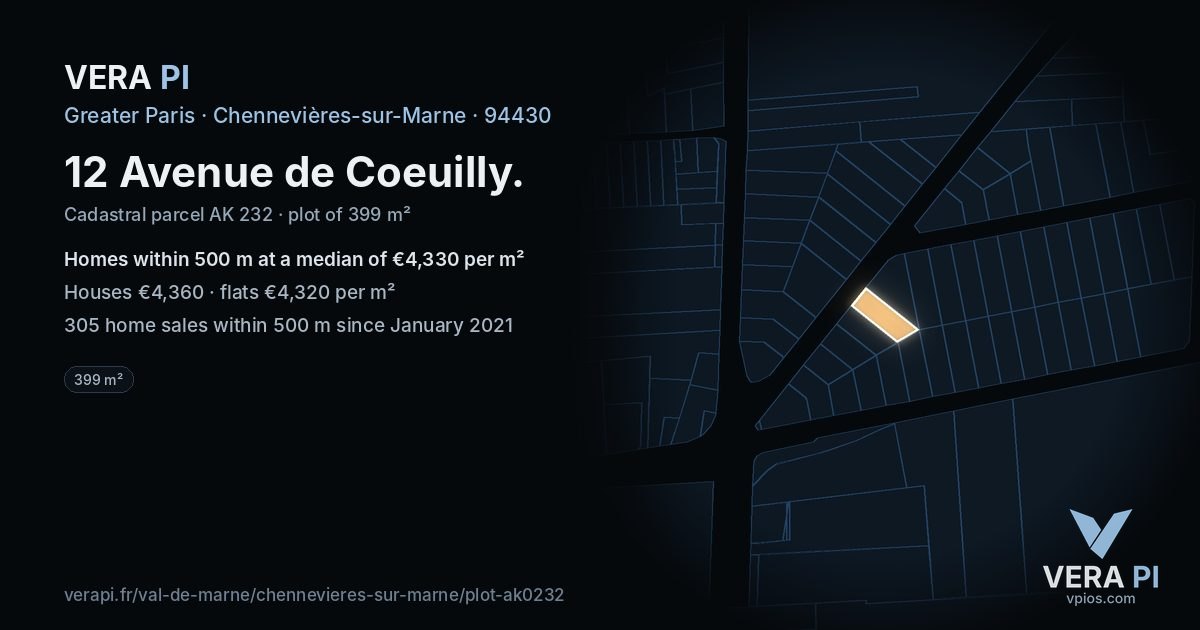 12 Avenue de Coeuilly, Chennevières-sur-Marne at night – the plot lit, the parcels around coloured by the prices near them