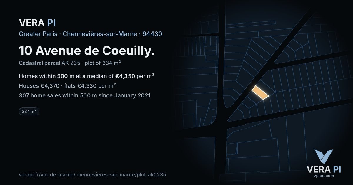 10 Avenue de Coeuilly, Chennevières-sur-Marne at night – the plot lit, the parcels around coloured by the prices near them