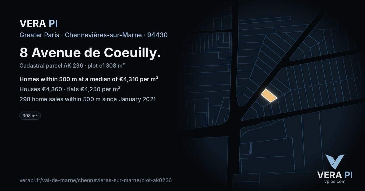 8 Avenue de Coeuilly, Chennevières-sur-Marne at night – the plot lit, the parcels around coloured by the prices near them