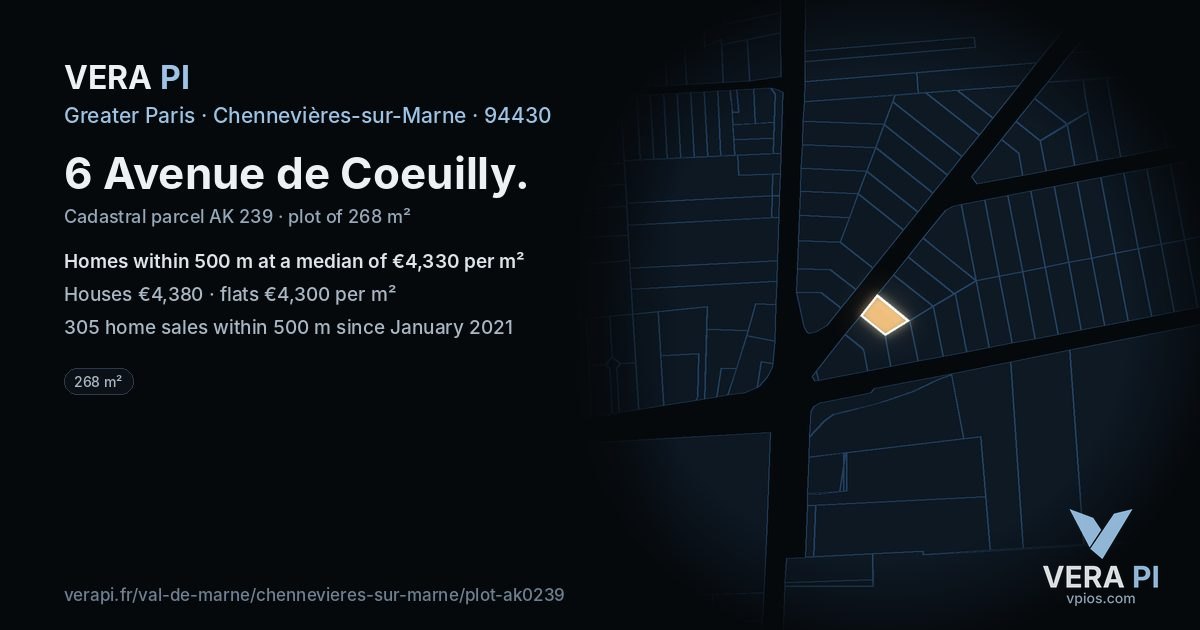 6 Avenue de Coeuilly, Chennevières-sur-Marne at night – the plot lit, the parcels around coloured by the prices near them