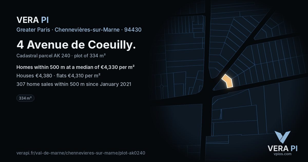 4 Avenue de Coeuilly, Chennevières-sur-Marne at night – the plot lit, the parcels around coloured by the prices near them