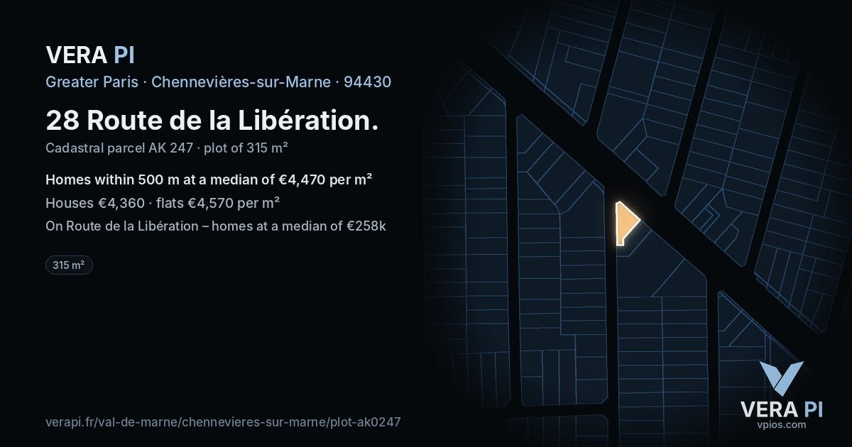 28 Route de la Libération, Chennevières-sur-Marne at night – the plot lit, the parcels around coloured by the prices near them