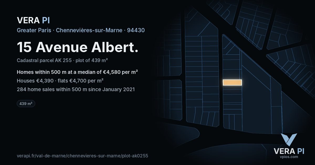 15 Avenue Albert, Chennevières-sur-Marne at night – the plot lit, the parcels around coloured by the prices near them