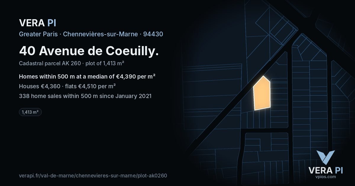 40 Avenue de Coeuilly, Chennevières-sur-Marne at night – the plot lit, the parcels around coloured by the prices near them