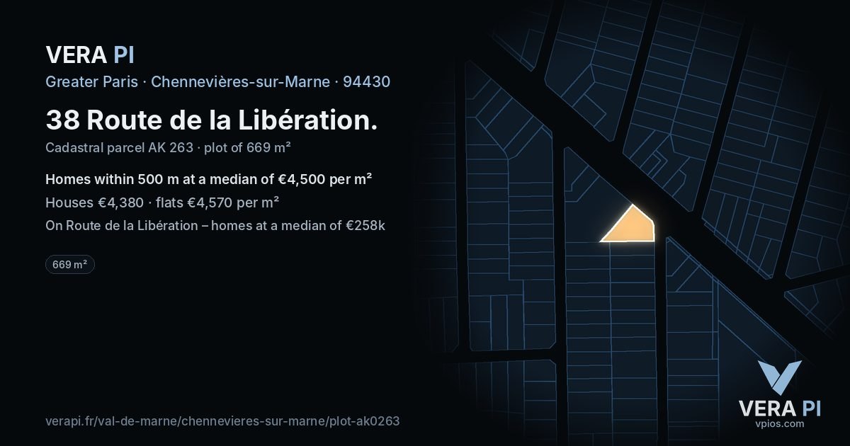 38 Route de la Libération, Chennevières-sur-Marne at night – the plot lit, the parcels around coloured by the prices near them