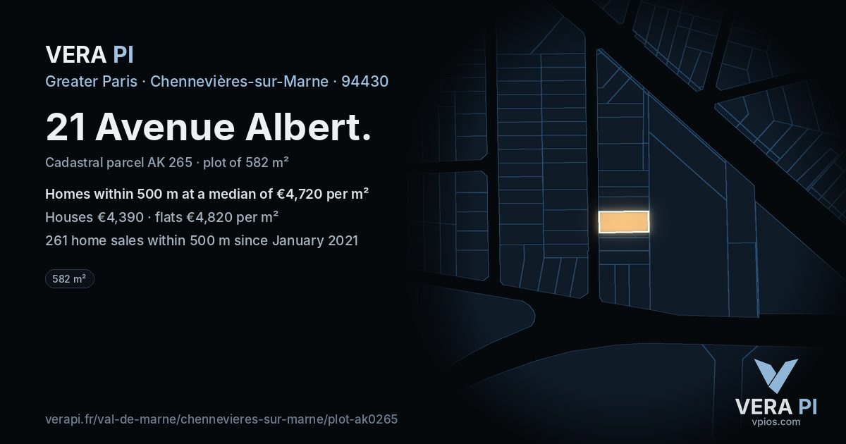 21 Avenue Albert, Chennevières-sur-Marne at night – the plot lit, the parcels around coloured by the prices near them