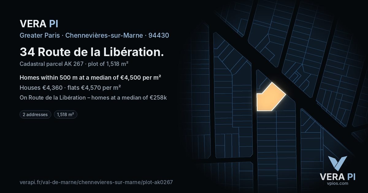34 Route de la Libération, Chennevières-sur-Marne at night – the plot lit, the parcels around coloured by the prices near them