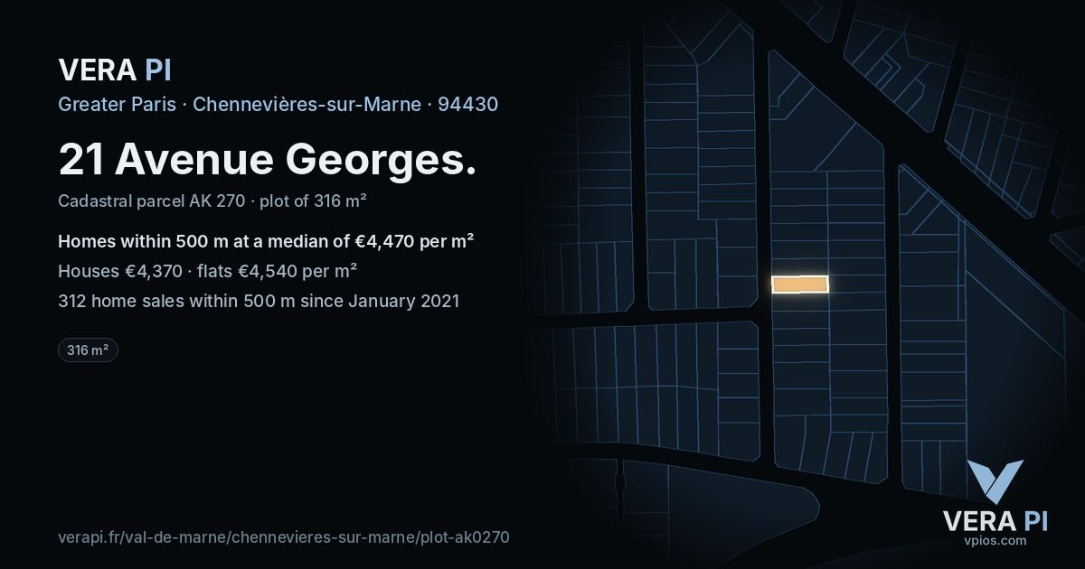 21 Avenue Georges, Chennevières-sur-Marne at night – the plot lit, the parcels around coloured by the prices near them