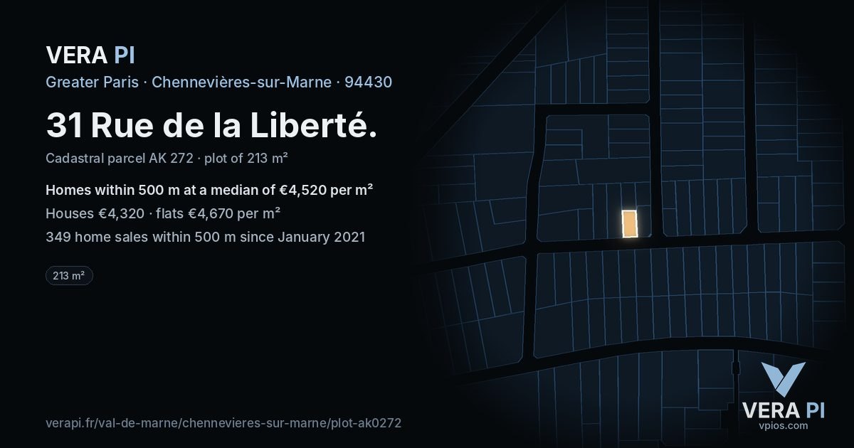 31 Rue de la Liberté, Chennevières-sur-Marne at night – the plot lit, the parcels around coloured by the prices near them