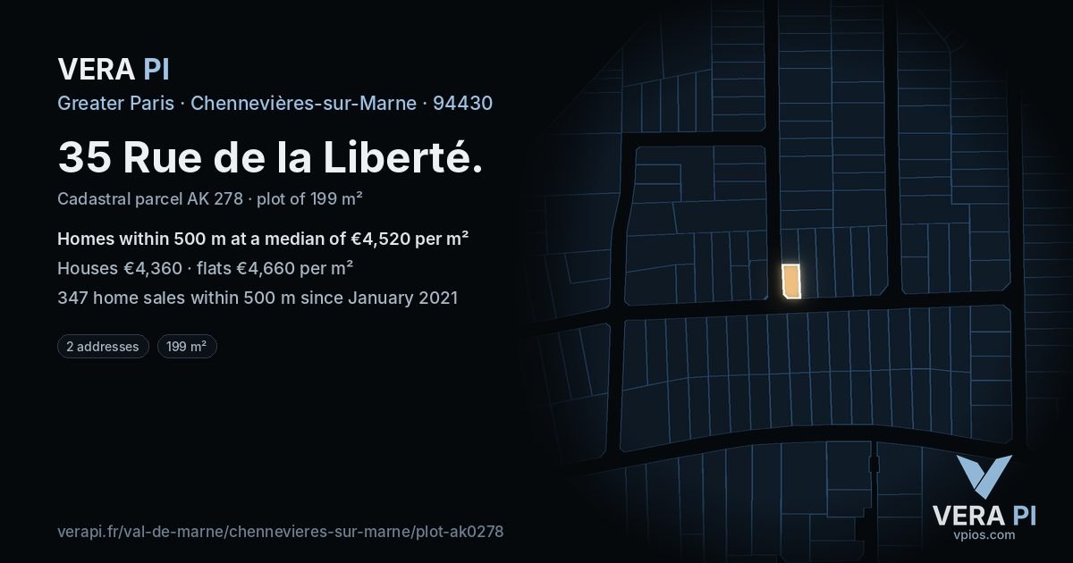 35 Rue de la Liberté, Chennevières-sur-Marne at night – the plot lit, the parcels around coloured by the prices near them