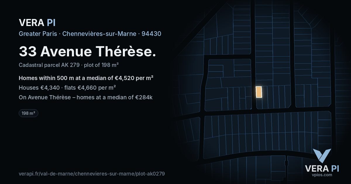 33 Avenue Thérèse, Chennevières-sur-Marne at night – the plot lit, the parcels around coloured by the prices near them