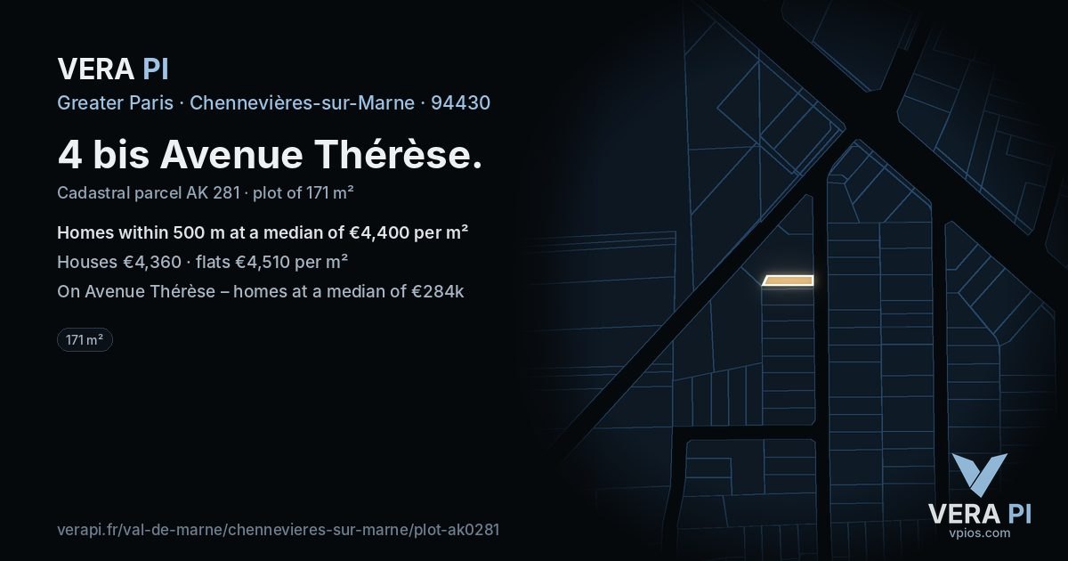 4 bis Avenue Thérèse, Chennevières-sur-Marne at night – the plot lit, the parcels around coloured by the prices near them