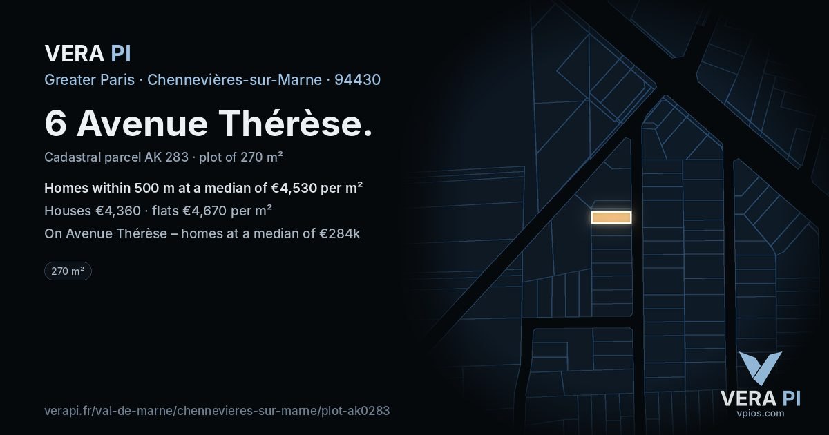 6 Avenue Thérèse, Chennevières-sur-Marne at night – the plot lit, the parcels around coloured by the prices near them