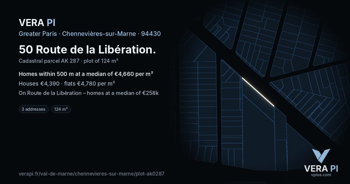 50 Route de la Libération, Chennevières-sur-Marne at night – the plot lit, the parcels around coloured by the prices near them