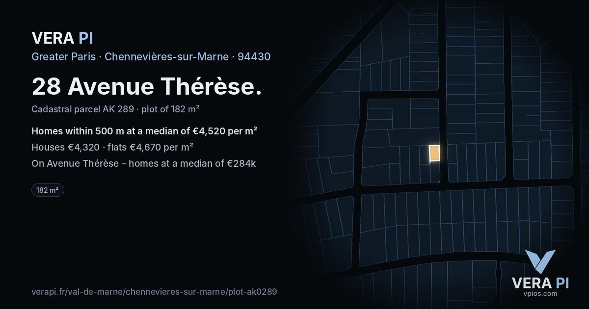 28 Avenue Thérèse, Chennevières-sur-Marne at night – the plot lit, the parcels around coloured by the prices near them