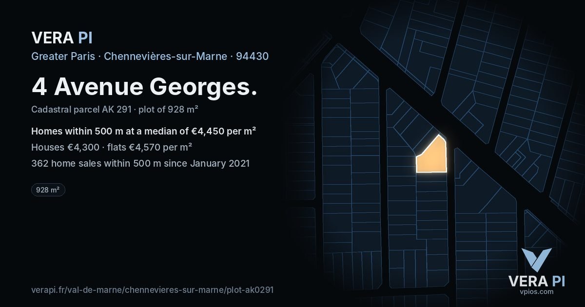 4 Avenue Georges, Chennevières-sur-Marne at night – the plot lit, the parcels around coloured by the prices near them
