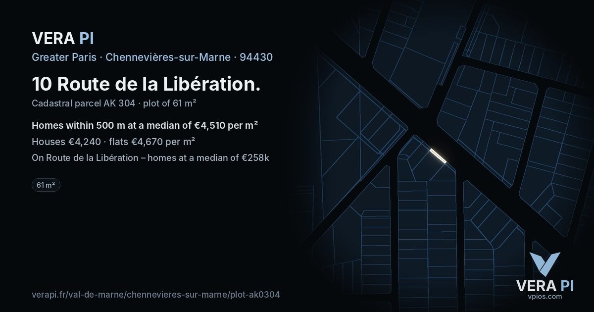 10 Route de la Libération, Chennevières-sur-Marne at night – the plot lit, the parcels around coloured by the prices near them