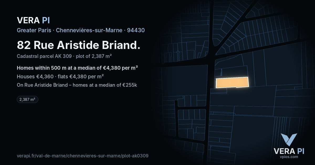 82 Rue Aristide Briand, Chennevières-sur-Marne at night – the plot lit, the parcels around coloured by the prices near them