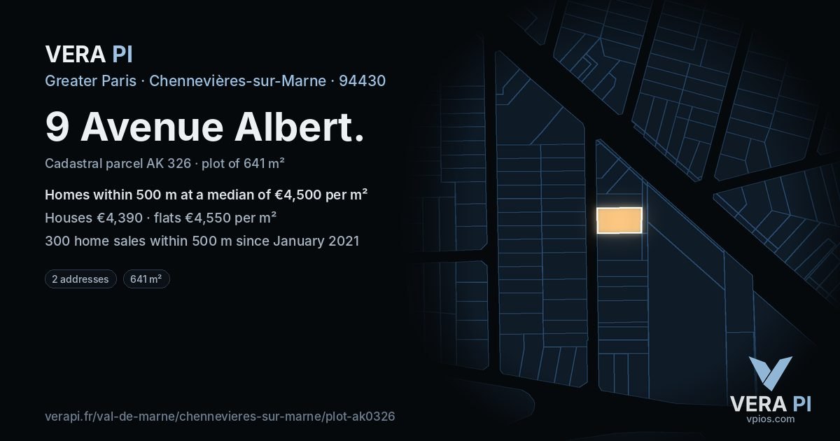 9 Avenue Albert, Chennevières-sur-Marne at night – the plot lit, the parcels around coloured by the prices near them