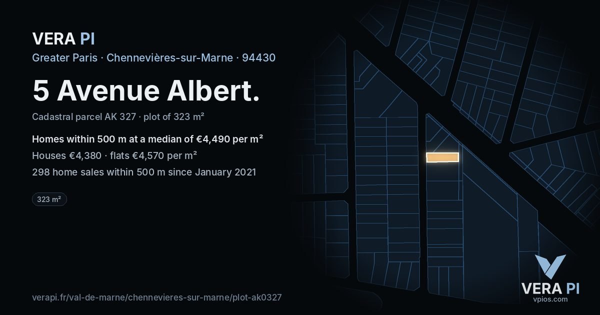 5 Avenue Albert, Chennevières-sur-Marne at night – the plot lit, the parcels around coloured by the prices near them
