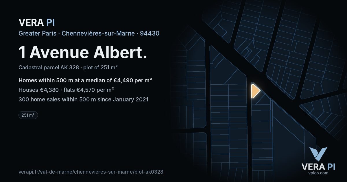 1 Avenue Albert, Chennevières-sur-Marne at night – the plot lit, the parcels around coloured by the prices near them