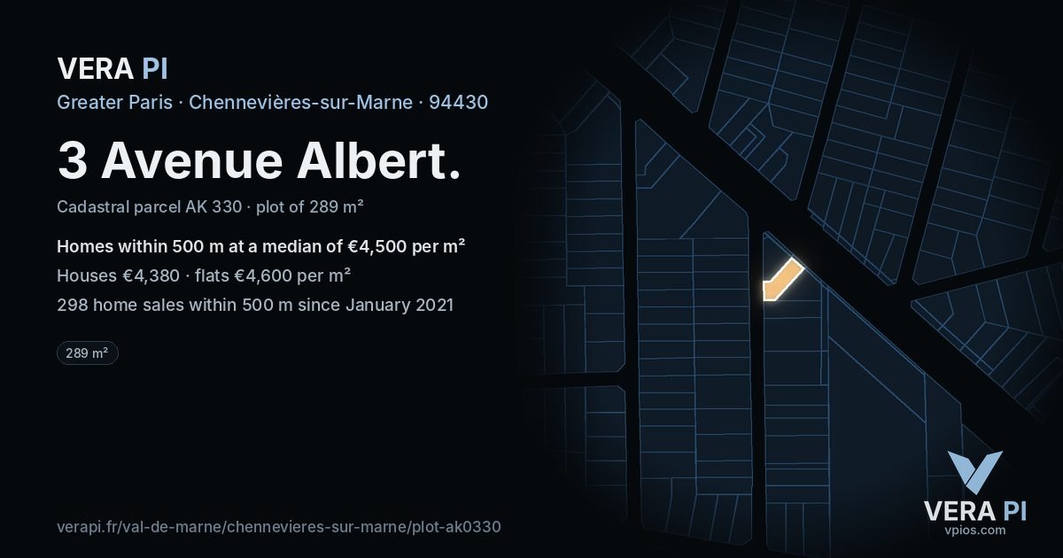 3 Avenue Albert, Chennevières-sur-Marne at night – the plot lit, the parcels around coloured by the prices near them