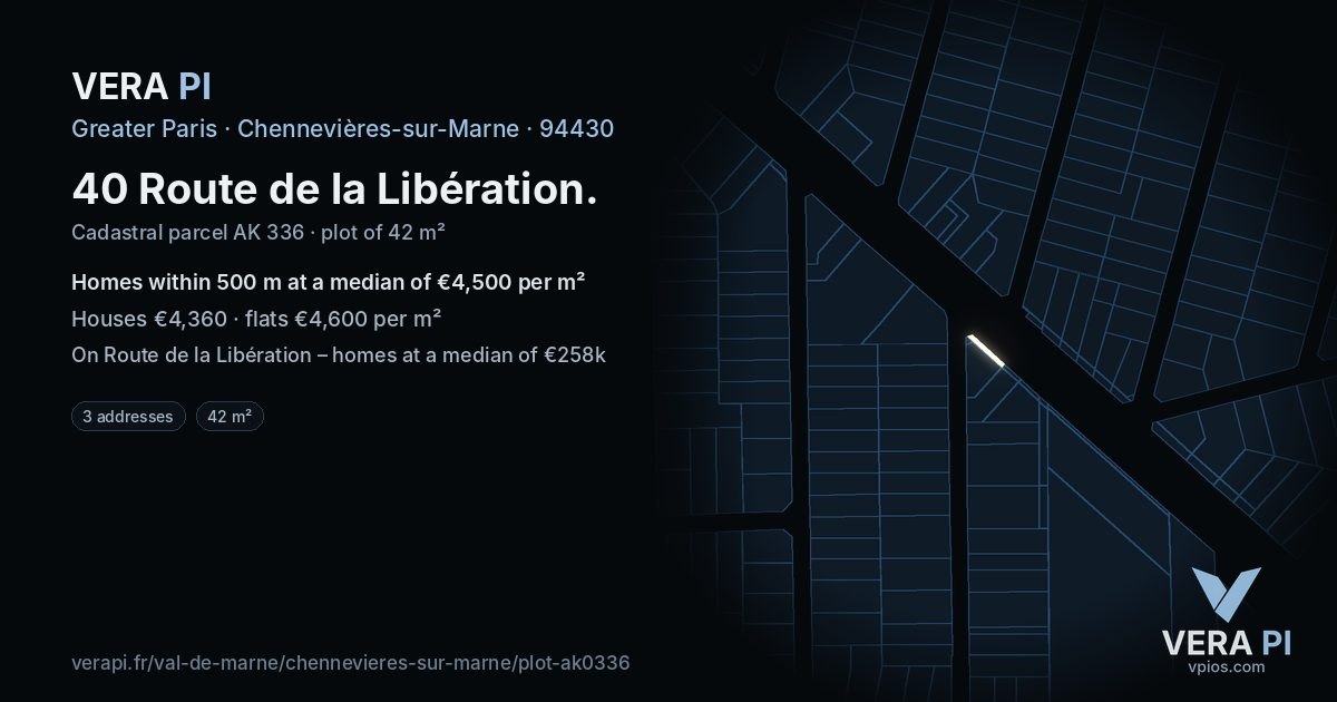 40 Route de la Libération, Chennevières-sur-Marne at night – the plot lit, the parcels around coloured by the prices near them