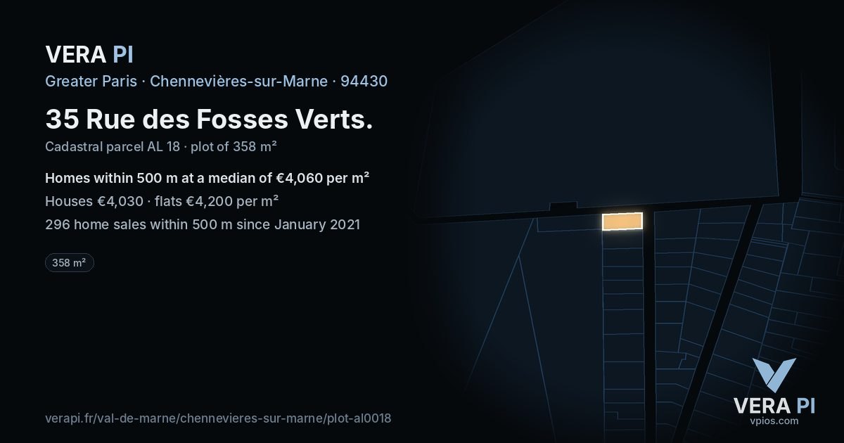 35 Rue des Fosses Verts, Chennevières-sur-Marne at night – the plot lit, the parcels around coloured by the prices near them