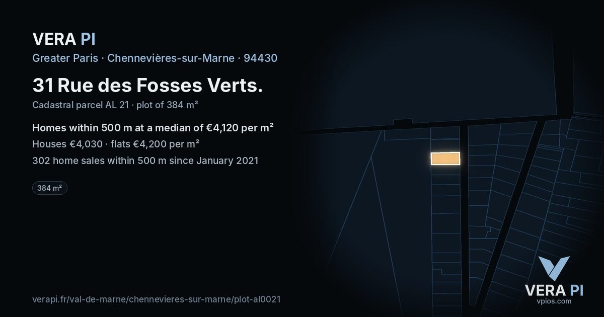 31 Rue des Fosses Verts, Chennevières-sur-Marne at night – the plot lit, the parcels around coloured by the prices near them
