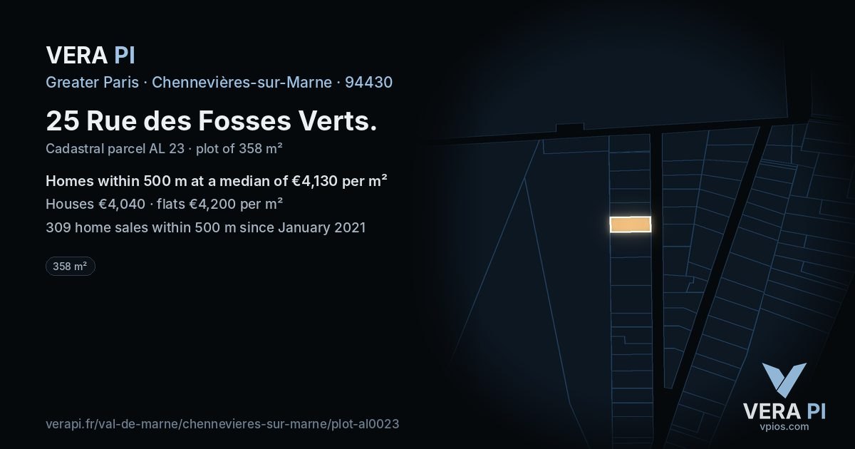 25 Rue des Fosses Verts, Chennevières-sur-Marne at night – the plot lit, the parcels around coloured by the prices near them