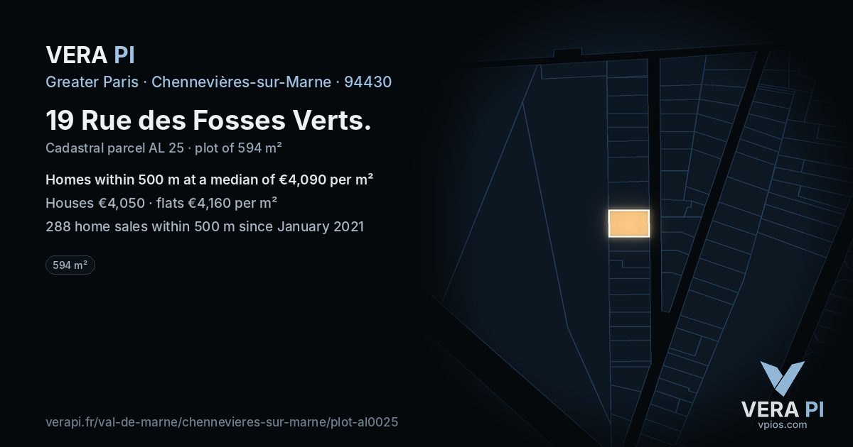 19 Rue des Fosses Verts, Chennevières-sur-Marne at night – the plot lit, the parcels around coloured by the prices near them