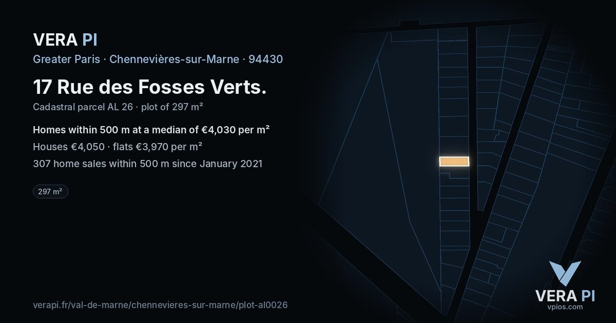 17 Rue des Fosses Verts, Chennevières-sur-Marne at night – the plot lit, the parcels around coloured by the prices near them