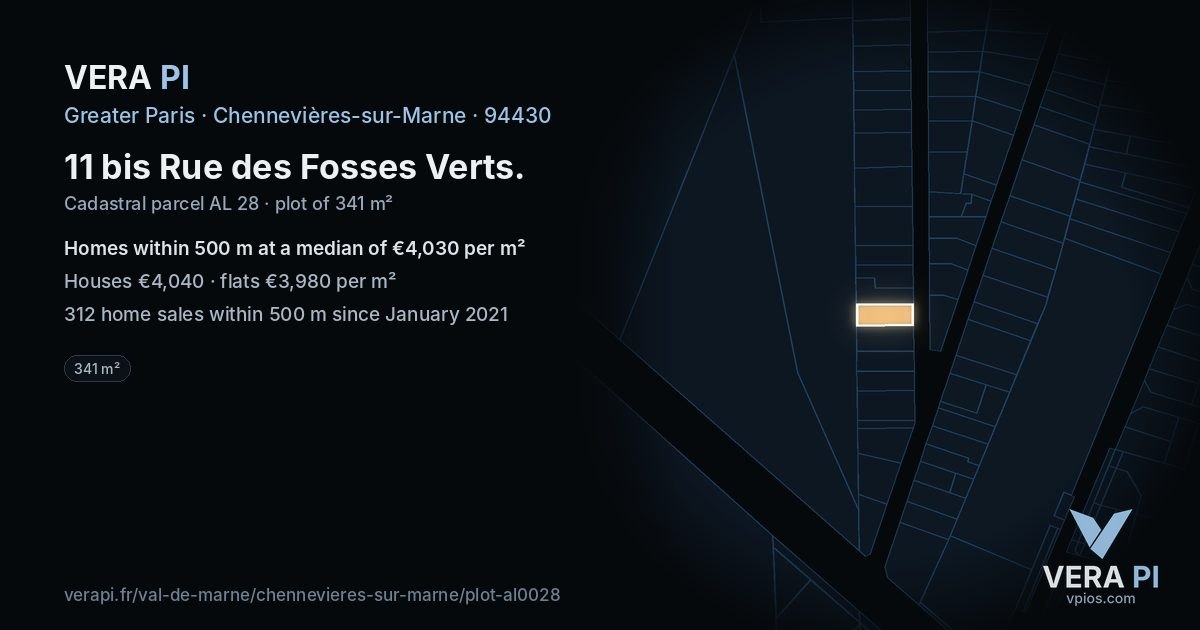 11 bis Rue des Fosses Verts, Chennevières-sur-Marne at night – the plot lit, the parcels around coloured by the prices near them