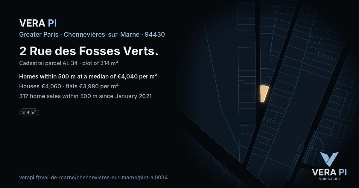 2 Rue des Fosses Verts, Chennevières-sur-Marne at night – the plot lit, the parcels around coloured by the prices near them