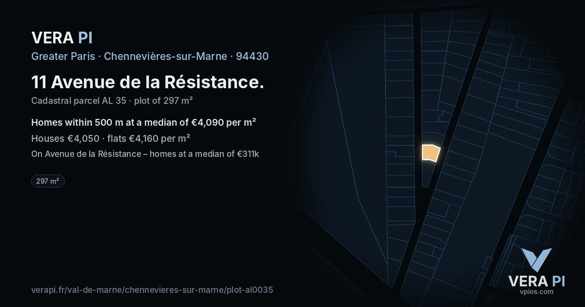 11 Avenue de la Résistance, Chennevières-sur-Marne at night – the plot lit, the parcels around coloured by the prices near them