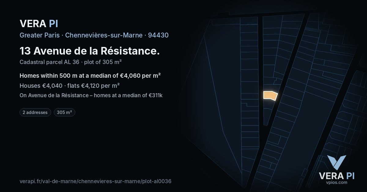 13 Avenue de la Résistance, Chennevières-sur-Marne at night – the plot lit, the parcels around coloured by the prices near them