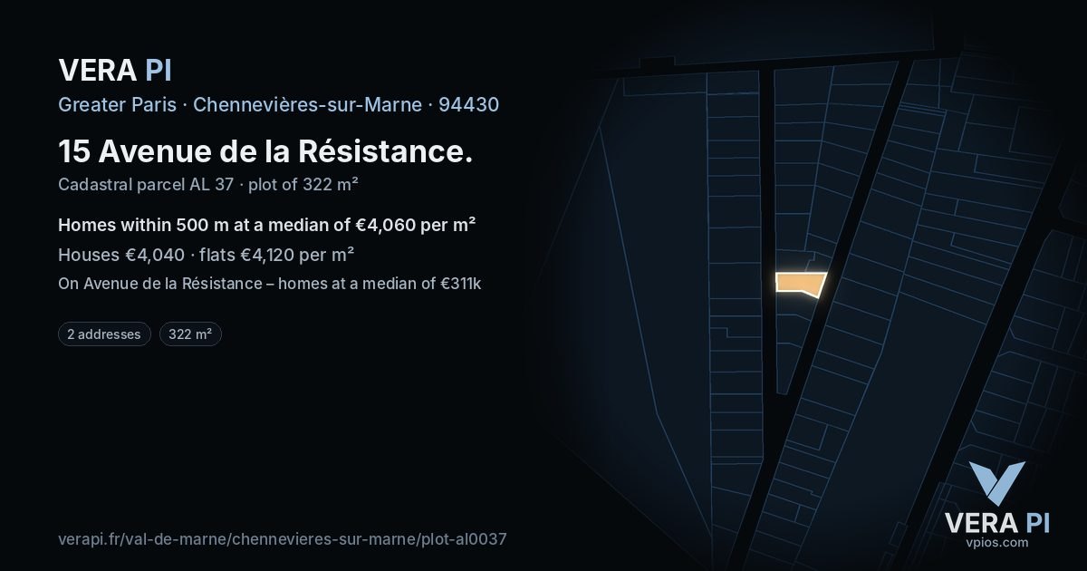 15 Avenue de la Résistance, Chennevières-sur-Marne at night – the plot lit, the parcels around coloured by the prices near them