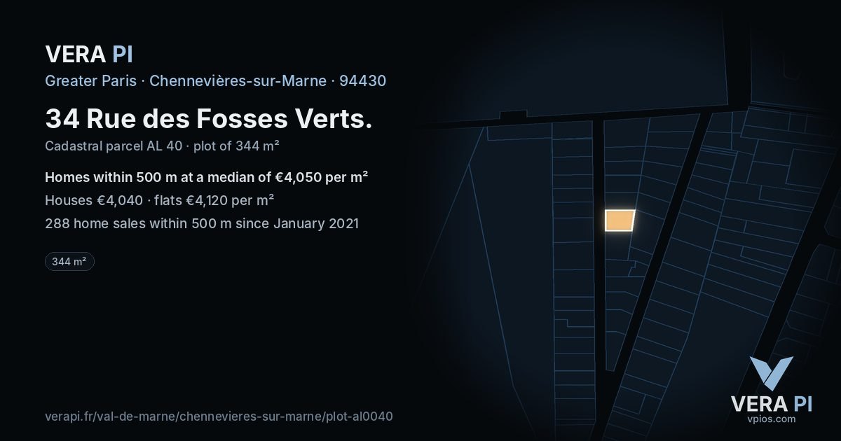 34 Rue des Fosses Verts, Chennevières-sur-Marne at night – the plot lit, the parcels around coloured by the prices near them