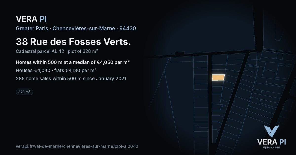 38 Rue des Fosses Verts, Chennevières-sur-Marne at night – the plot lit, the parcels around coloured by the prices near them