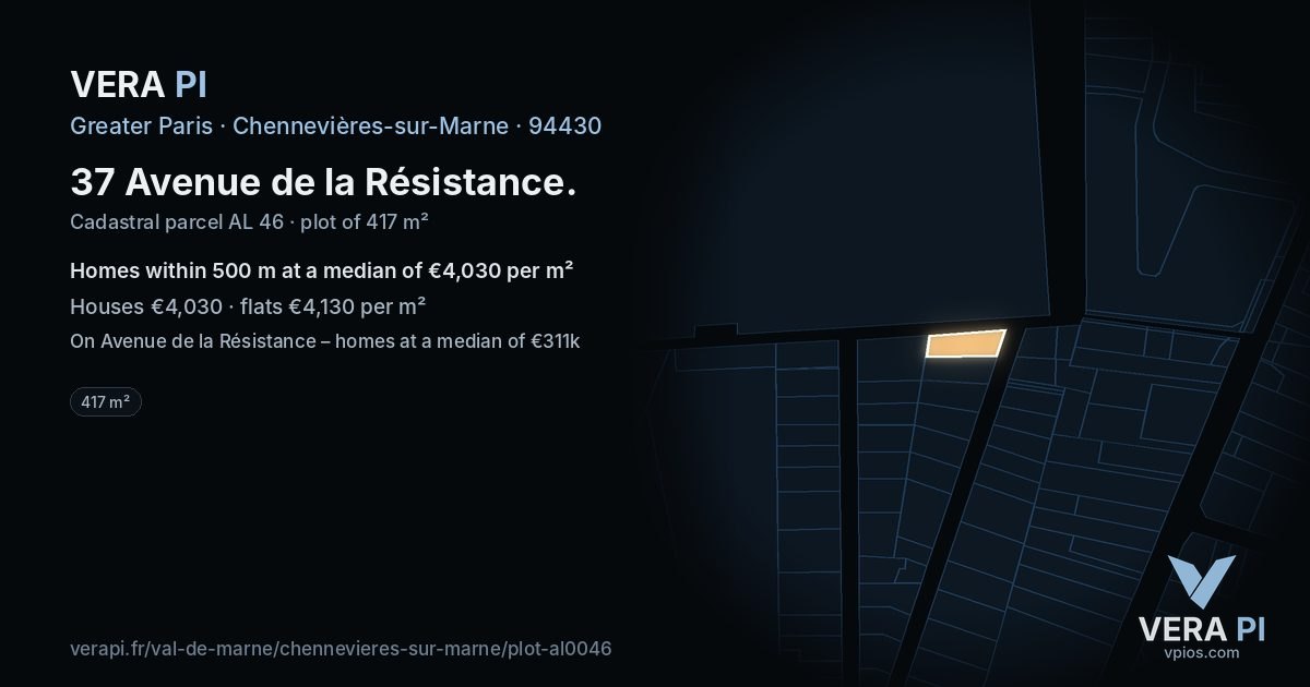 37 Avenue de la Résistance, Chennevières-sur-Marne at night – the plot lit, the parcels around coloured by the prices near them